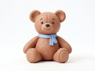 Fototapeta premium Cute 3D clay teddy bear toy sitting with scarf isolated on white background