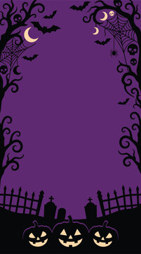 A spooky halloween background vector featuring silhouettes of creepy trees pumpkins bats and a graveyard on a dark purple backdrop