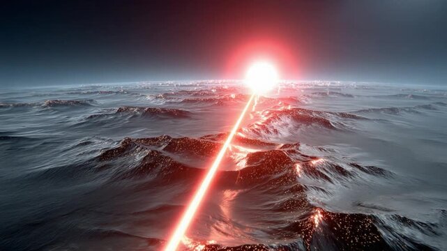 Futuristic Laser Beam: A powerful red laser beam cuts across a desolate, alien landscape, illuminating the stark terrain under a dramatic sky, hinting at advanced technology and exploration.