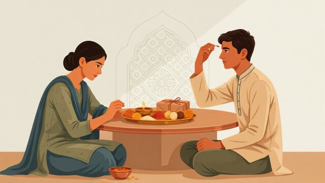 Brother and sister performing Bhai Dooj ritual sitting on the floor