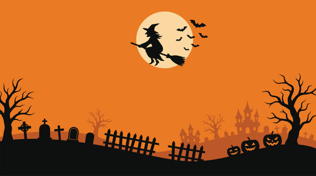 A spooky halloween background vector featuring a flying witch silhouette against a full moon with a graveyard and bare trees