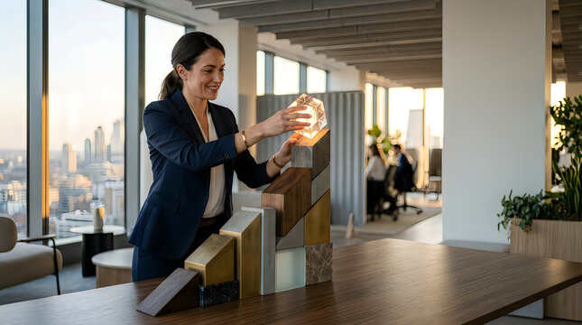 Smiling female executive building abstract geometric structure on wooden table top.