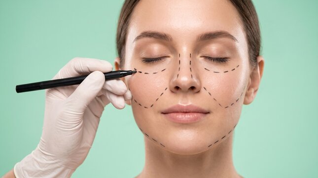Close-up young woman with eyes closed during cosmetic surgery preparation as gloved hand marks facial planning lines