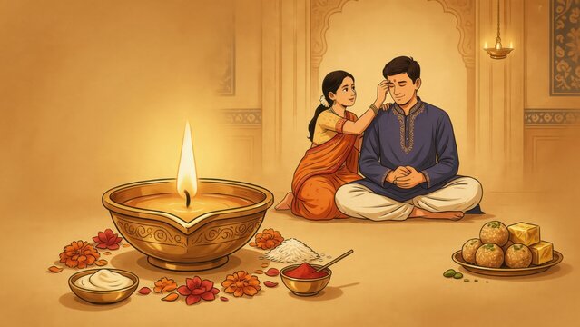 Traditional Indian celebration of Bhai Dooj with sister applying tilak on brother