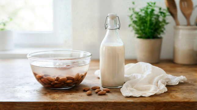 Making homemade almond milk with almonds soaking in a bowl and bottled drink