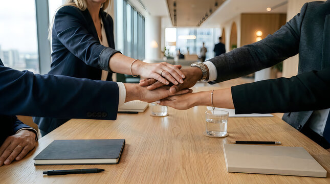 Business team stacking hands in unity during a successful strategy meeting.