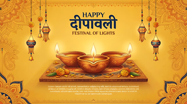 Decorative happy diwali greeting poster design with diya lamps on yellow background