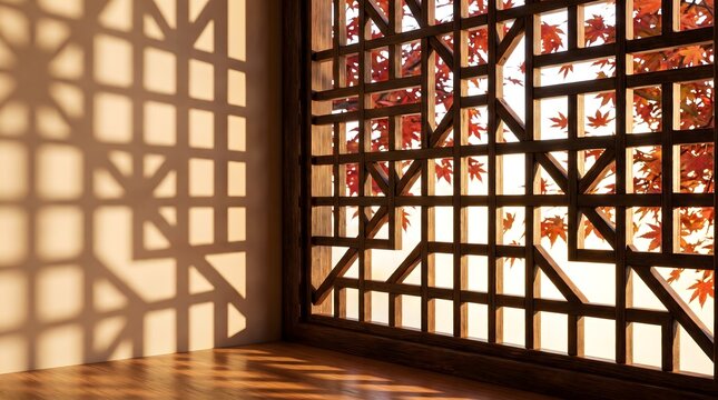 Sunlight through a traditional Asian wooden lattice window casting geometric shadows. Red autumn maple leaves outside. Serene interior design, peaceful Zen culture, and warm fall concept