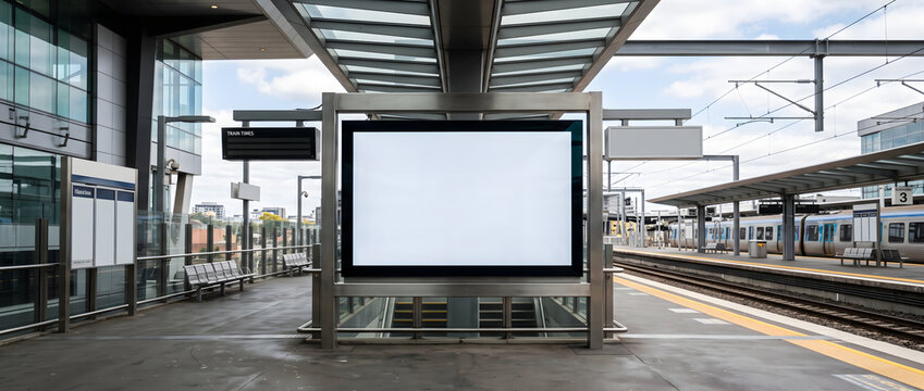 Clear Billboard in public place with blank copy space screen for advertising or promotional poster content, empty mock up Lightbox for information, blank display in station area with daylight