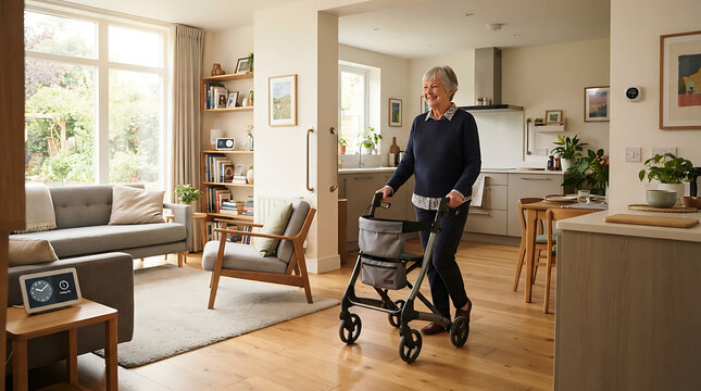 Senior woman using a mobility walker at home for independence and support