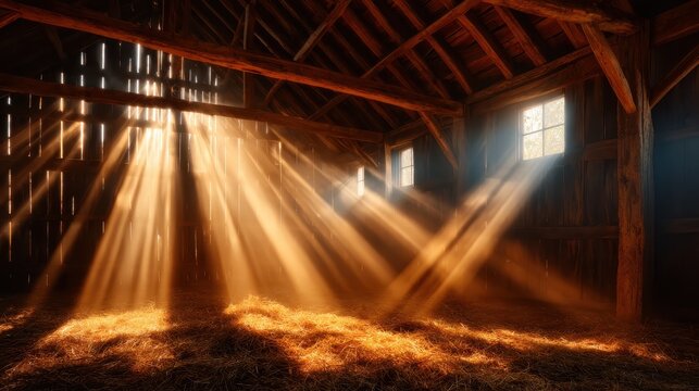A captivating interior shot of a rustic barn flooded with golden sunbeams, highlighting the essence of natural light and creating a serene, warm atmosphere in the countryside.
