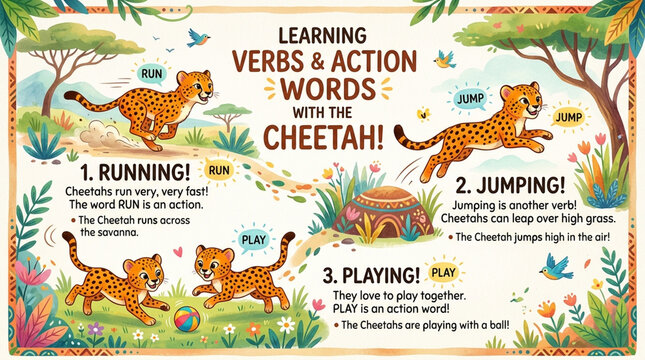 Educational Poster for Kids Learning Verbs and Action Words with Cute Cheetah Illustration