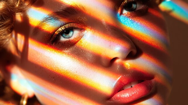 An expressive close-up portrait featuring vibrant light stripes across the face, illustrating the interplay between color and emotions, capturing a moment of creativity and self-expression.