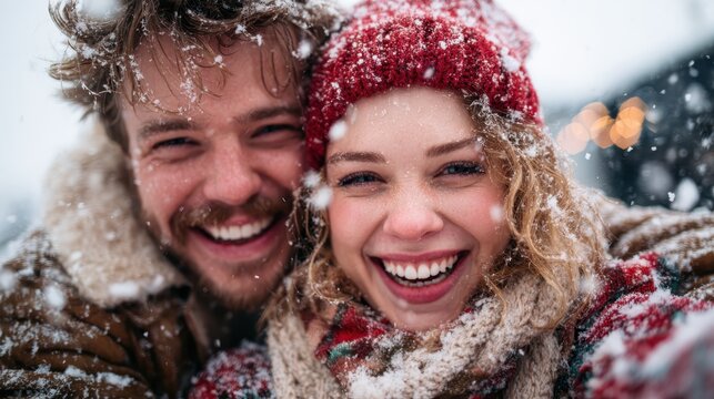 A joyful couple covered in snow interacts warmly amidst a sparkling winter landscape, capturing the joy of love and connection in the beauty of the snowy environment around them.