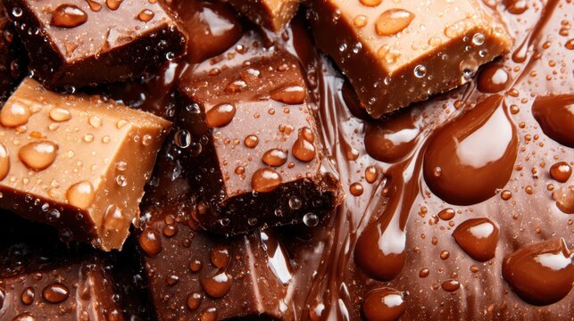 An arrangement of tempting chocolate pieces glistening with moisture, inviting indulgence and delight, capturing the essence of rich flavors and sweet satisfaction in a delicious treat.