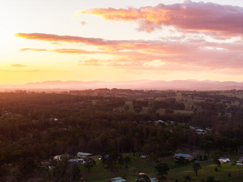 Sundown aerial view over Singleton landscape from outer suburb Wattle Ponds