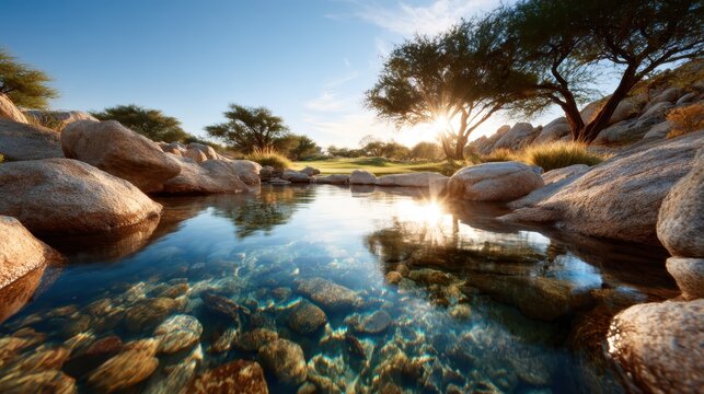 Discover the peaceful moment captured at a reflective water pool surrounded by vibrant rocks and trees, highlighting the harmony of nature's beauty and tranquility.