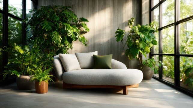 A stylish chaise lounge in a contemporary setting surrounded by lush greenery. The natural light enhances the aesthetics, making it perfect for relaxation and comfort.