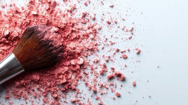 A beautifully arranged scene featuring a blush pink makeup brush alongside loose blush powder, highlighting beauty and self-expression with elegance and style.