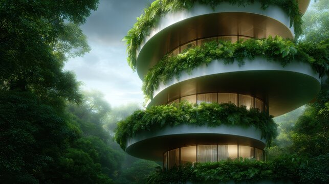 An innovative spiral-shaped building enveloped in greenery, representing a harmonious blend of architecture and nature, showcasing the future of eco-friendly living.