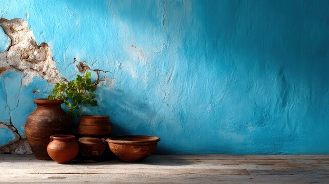 This image showcases an arrangement of rustic clay pots against a vibrant blue wall, highlighting the beauty of handmade ceramics and contrasting textures in interior decor.