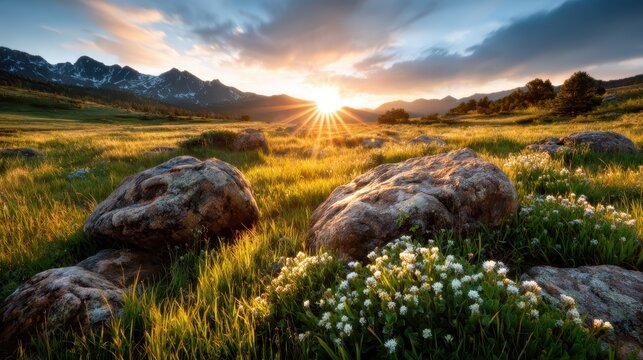 A breathtaking view of the golden sunrise illuminating mountain peaks and a verdant landscape, embodying the tranquility and beauty of nature at dawn in a scenic location.