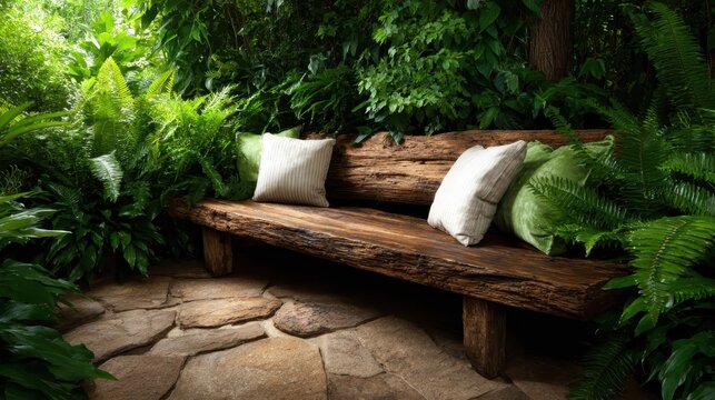 This image features a rustic wooden bench nestled among lush foliage, creating a tranquil retreat that invites relaxation and connection with nature in a garden setting.