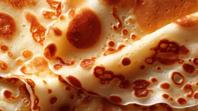An enticing close-up of a stack of golden, perfectly cooked crepes, showcasing their delicate texture and inviting warmth, perfect for a delightful meal or dessert presentation.