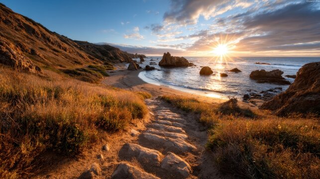 A breathtaking view of the sunset over a serene beach with rocky formations, showing vibrant colors reflecting off the water and the golden sand path leading to tranquility.