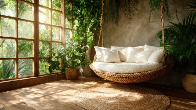 A unique swing couch suspended amidst abundant greenery, creating a serene and inviting space for relaxation, enhanced by soft sunlight filtering through the window.
