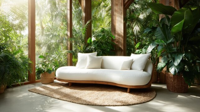 An inviting indoor space featuring a sleek white couch amidst vibrant green plants, creating a refreshing atmosphere filled with natural light and a sense of rejuvenation.