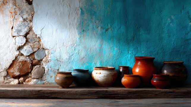 An artistic arrangement of colorful clay pots against a textured wall, showcasing the beauty of craftsmanship and the vibrant hues that evoke a sense of cultural richness.