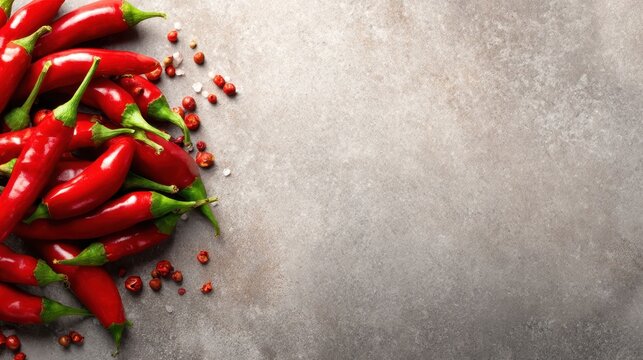 A vibrant display of fresh red chili peppers and dried chili flakes on a textured concrete surface, representing culinary inspiration and the essence of flavor and spice in cooking.