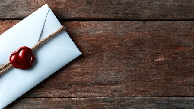A beautifully arranged white envelope adorned with a red wax seal resting on a rustic wooden table, evoking a sense of nostalgia, romance, and traditional correspondence aesthetics.