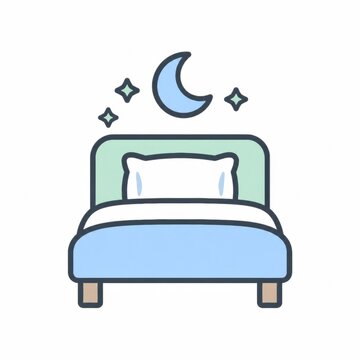 Neatly made bed under a crescent moon and stars at night, good night sleep and bedtime routine concept illustration