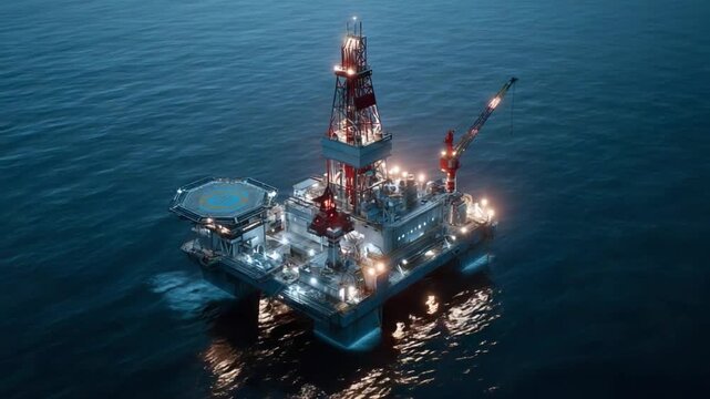 Offshore Oil Rig at Dusk: An industrial oil rig stands majestically on the deep blue ocean at dusk, its lights illuminating the dark water, a symbol of resource extraction and engineering prowess.