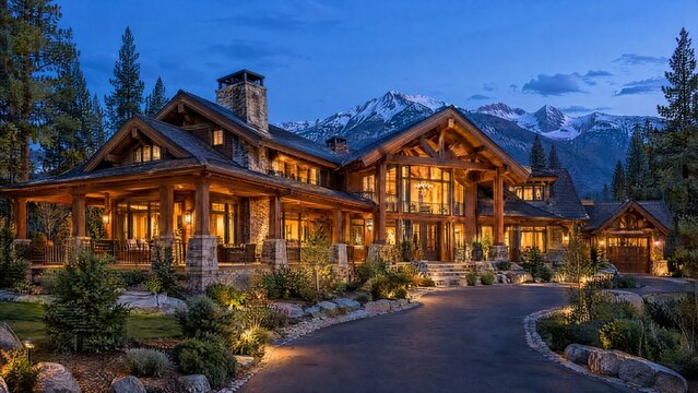 Luxury mountain lodge exterior at dusk, large rustic timber frame home with illuminated windows, stone chimney, and paved driveway, surrounded by pine trees and snowy peaks