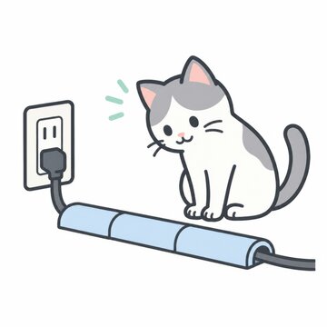 Curious cat sitting beside an electric cord covered with a protective sleeve near a wall socket, pet proofing home safety concept