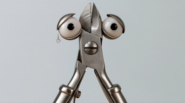 Pair of nail clippers looking nervous, tiny sweat drop, bright white wall, copy space