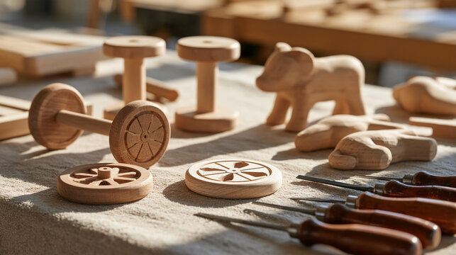 Artisan workshop flat lay of unfinished wooden toy parts including wheels, axles and carved animal bodies arranged beside woodworking tools on a workbench, toy manufacturing