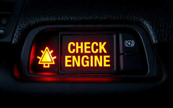 Dashboard warning light indicating a check engine alert in a vehicle.