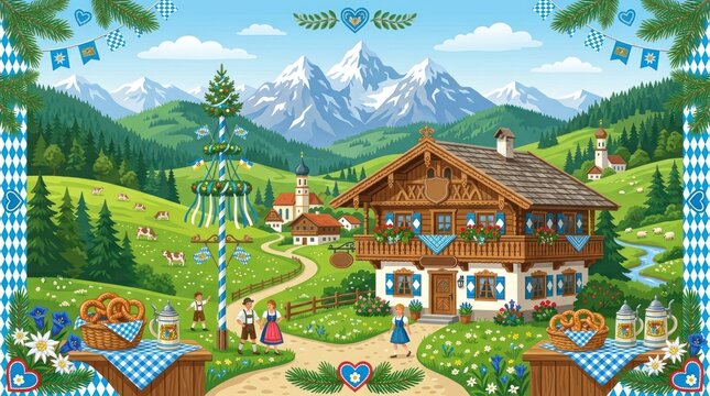 A picturesque Bavarian village with traditional wooden houses, mountains in the background, and a festive atmosphere.