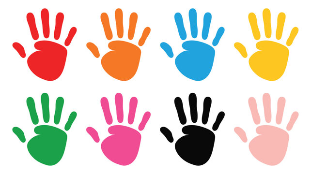 Colorful child handprint collection, showcasing left and right handprint sets for preschool activities, crafts, education, creativity, and early childhood learning.