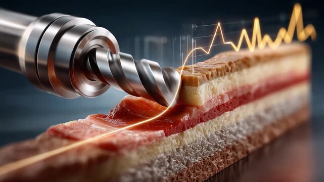 Precision Drilling Technology: A high-precision drill bit carves into a layered material, symbolizing advanced engineering and data-driven innovation.