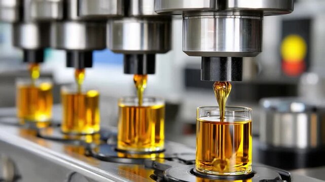Industrial Lubrication Filling Line: A row of small glass containers is precisely filled with golden lubricating oil on a factory production line, showcasing industrial precision and efficiency.