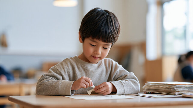 Young Japanese boy at a low kindergarten table, methodically peeling the paper wrapper off a worn-down crayon, dozens of finished drawings stacked beside him, soft classroom light