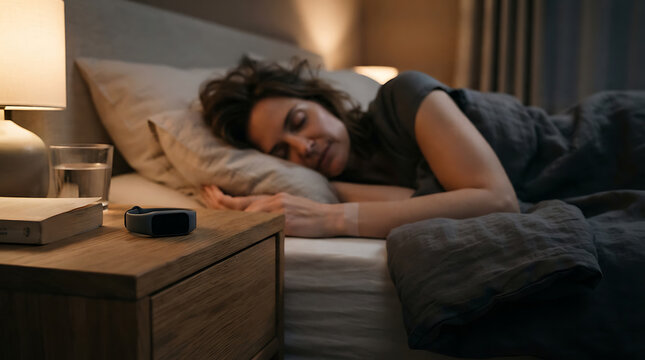 Woman sleeping peacefully in bed next to a smart home device on a nightstand