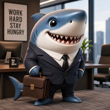 Business shark wearing a suit holding a briefcase in office