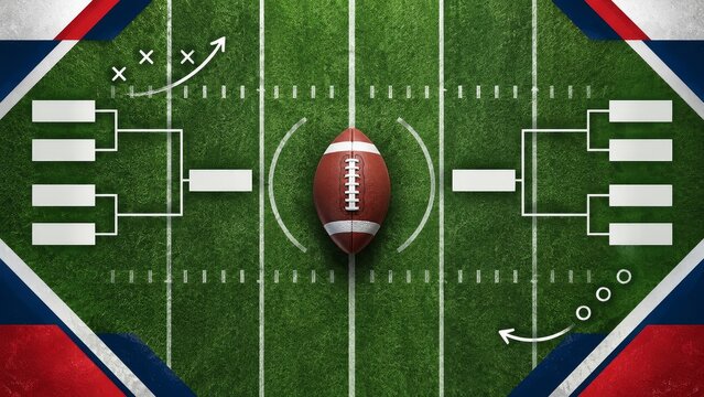 Exciting american football championship game day illustration with playoff bracket and football on the field