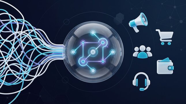 Digital data stream flowing into a central network node sphere with multiple connected business icons for cloud computing and information management in a modern technology illustration